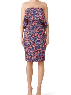 Badgley Mischka Navy Floral Strapless Dress